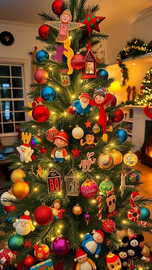 A Christmas tree decorated with 1980s vintage ornaments in a cozy living room.